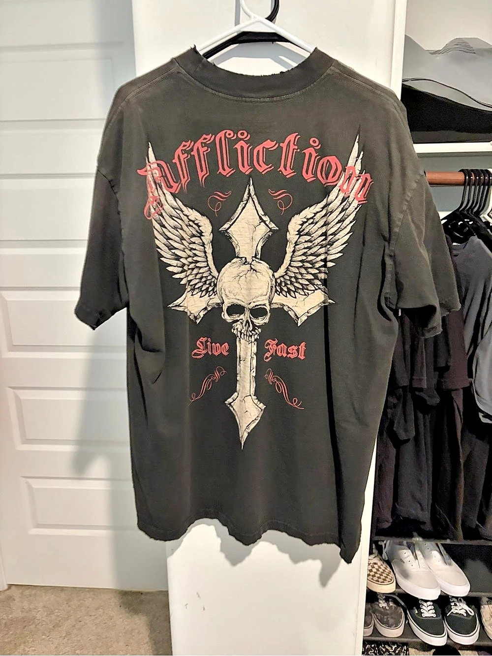 Affliction Live Fast Winged Skull Cross T-Shirt XL Black